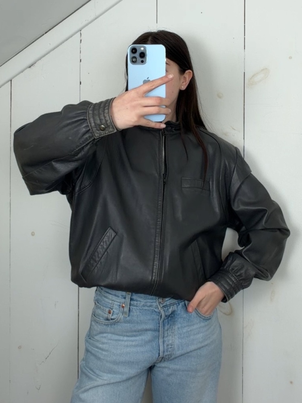 Vintage Grey Leather Bomber Moto Jacket Women’s S/M Full Zip Retro Lightweight